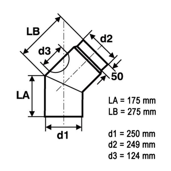 250 mm - Rauchrohr Bogen 45° mit Tür 2-teilig in Schwarz