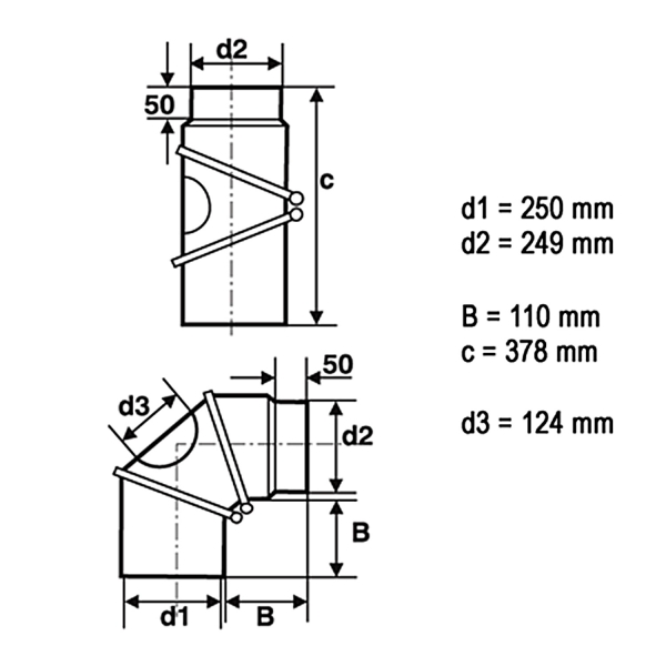 250 mm - Rauchrohr Bogen 0-90° mit Tür in Schwarz