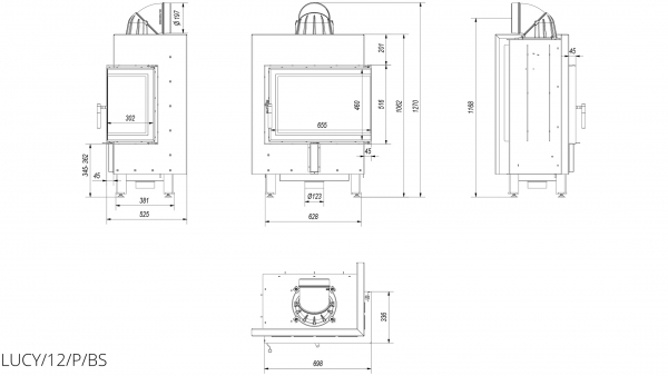 Eck-Kamineinsatz Kratki LUCY/12/P/BS mit Seitenglas rechts - 12kW