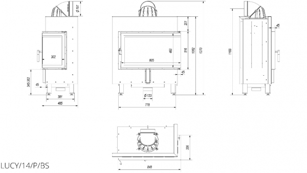 *Eck-Kamineinsatz Kratki LUCY/14/P/BS mit Seitenglas rechts - 14kW