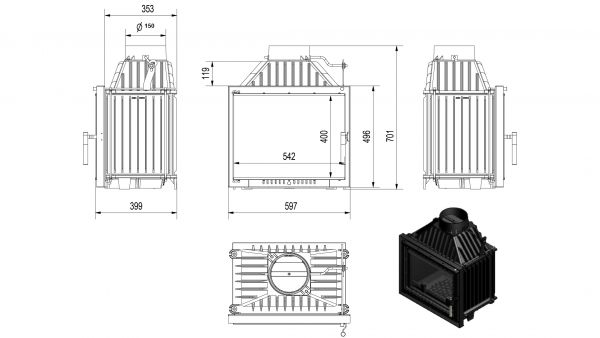 Guss-Kamineinsatz Kratki MAJA 8 DECO Rauchrohr 150mm BImschV2