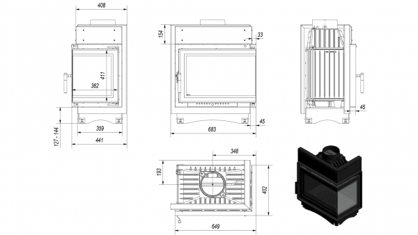 Guss-Kamineinsatz Kratki MAJA 8 rechts BS DECO Rauchrohr 150mm BImschV2