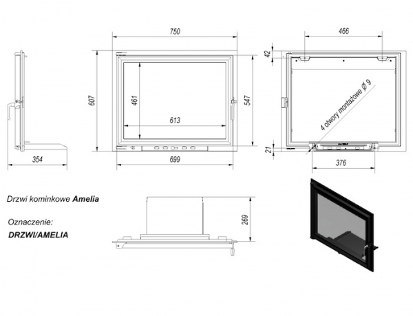Kamintür z.B. für offenen Kamin / Steinofentür mit Glas Modell Amelia