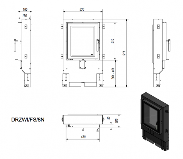 Kamintür z.B. für offenen Kamin / Steinofentür / Kachelofentür mit Glas Modell FS 8N